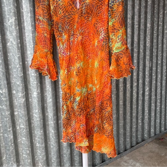 Y2K 100% Silk Orange Abstract Floral Sequin Asymmetrical Fairy Dress Size Large - Picture 5 of 8